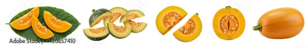 Fototapeta squash set png. Whole squash and squash slices top view flat lay. set of squashes and squash slices png. vegan vegetarian vegetable
