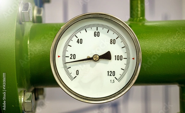 Fototapeta Mechanical pressure sensor on pipeline. Pressure gauge on green pipe. Minimum pressure inside pipeline. Flowmeter on industrial chemical equipment. Sensor for measuring load on pipe.