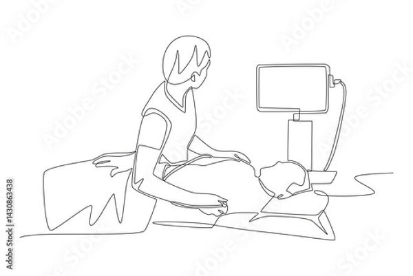 Obraz Doctor is checking the patient's heart using Caption Health. AI-powered health tools concept one-line drawing