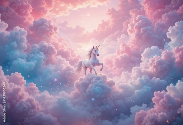 Fototapeta Pink cloudy fantasy sky with unicorn and iridescent stars.