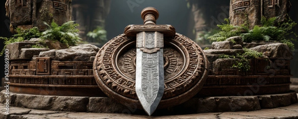 Obraz Ancient Sword Embedded in Ornamental Stone – Fantasy Temple Relic Scene