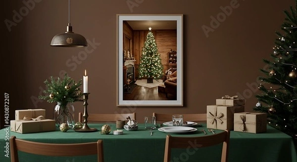 Fototapeta Cozy Christmas Eve Dinner Table Setting with Framed Photograph of Christmas Tree