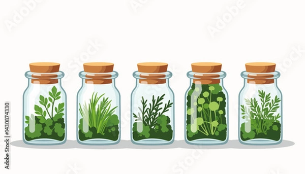 Fototapeta Herbs displayed in clear jars on white background, culinary freshness