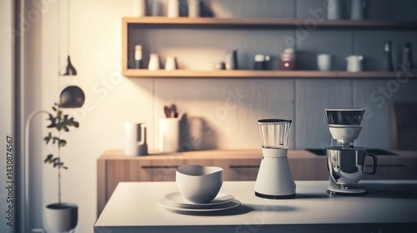 Fototapeta Scandinavian kitchen with minimalist shelves