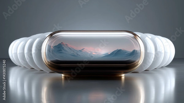 Obraz Futuristic Capsule Displaying Mountain Landscape – Conceptual Nature and Technology Fusion