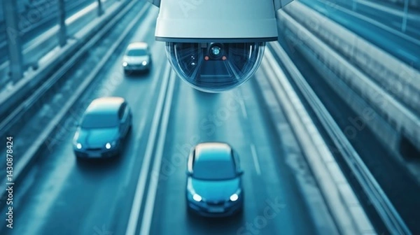 Fototapeta Cctv camera monitoring highway traffic flow for security and surveillance