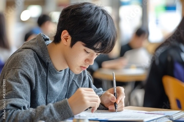 Fototapeta Student focused on studying with notes and pen in a busy indoor study environment