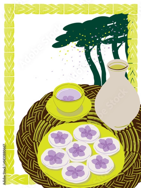 Obraz  봄꽃으로 장식한 한국 전통 음식 화전. 봄철 농부들의 먹을거리, 식사 또는 간식. 핸드 드로잉으로 스케치한 벡터 일러스트레이션 				
