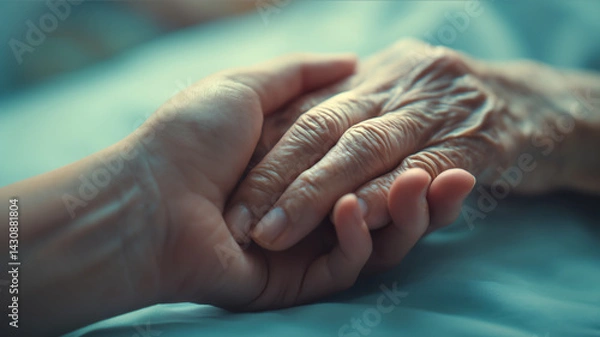 Obraz Young hand holding old hand on bed, helping caring for elderly, end of life support, aging people assistance