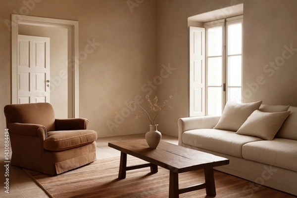 Fototapeta Natural light-filled living room with rustic textures and minimal design
