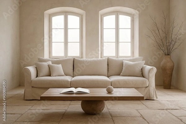 Fototapeta Front-facing Mediterranean sofa with centered sculptural table and arched windows