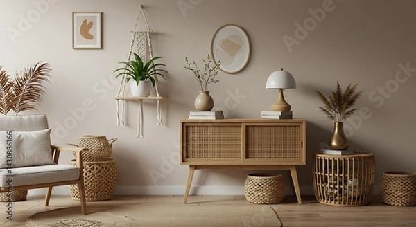 Fototapeta Serene Bohemian Living Room Decor Neutral Tones, Natural Textures, and Stylish Mid-Century Modern Furniture
