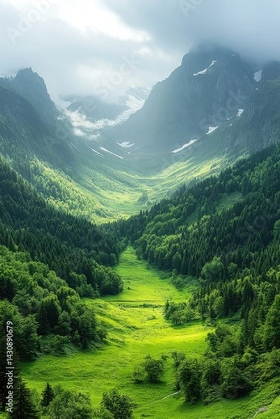 Fototapeta Green valley with trees and mountains under cloudy sky.