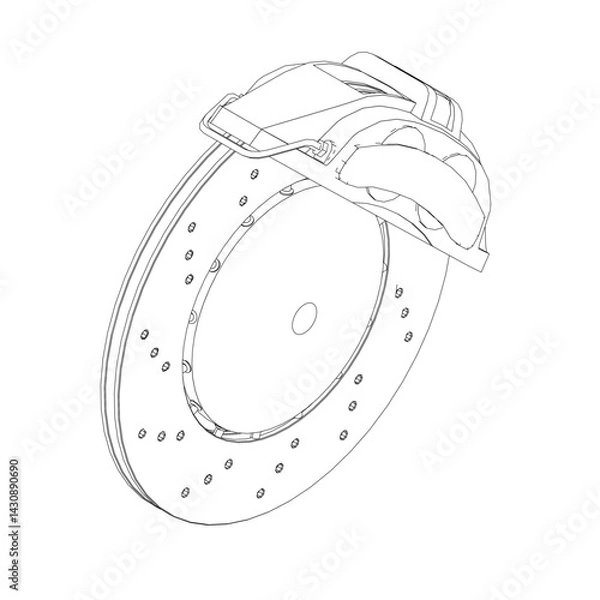 Obraz A drawing of a car with a brake disc. The drawing is in black and white. The brake disc is shown in detail, with the spokes of the disc clearly visible. The drawing conveys a sense of precision