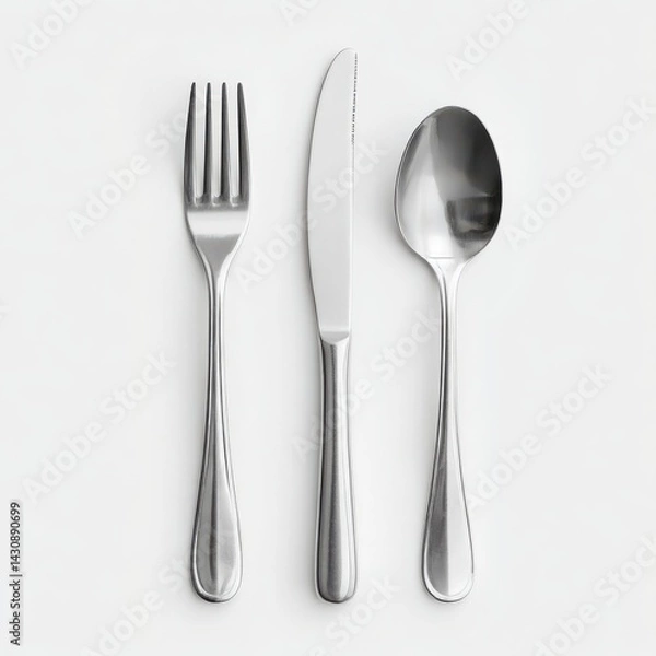 Fototapeta Silver fork knife and spoon isolated on white background