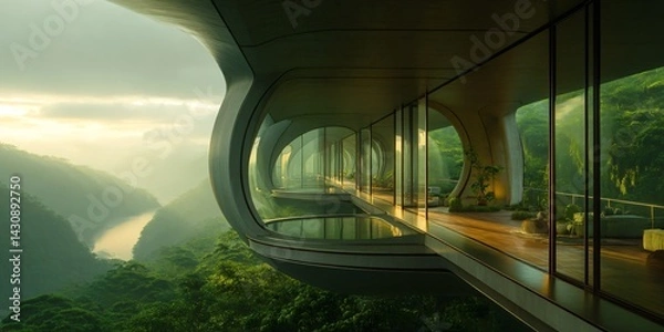 Fototapeta futuristic luxury building, sunset over the rainforest river, modern organic green eco architecture concept, exotic fantasy landscape