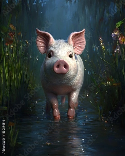 Fototapeta A serene pig wading through a misty forest stream. of excellence in splendor beyond compare