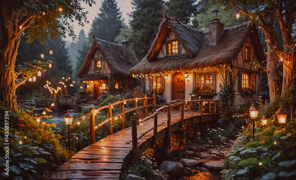 Fototapeta Small house with a bridge in front of it. The bridge is lit up with lights and the house is surrounded by trees. Scene is cozy and peaceful