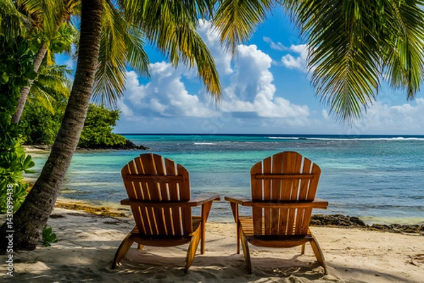 Fototapeta A calming image of two wooden chairs on a serene beach, offering a stunning view of swaying palm trees, crystal-clear turquoise waters, and a peaceful tropical island.