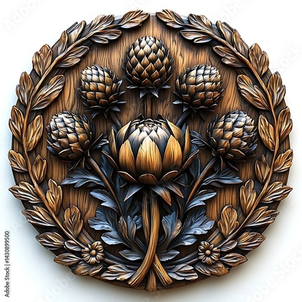 Obraz Botanical thistle carving in elegant wood detail high resolution images