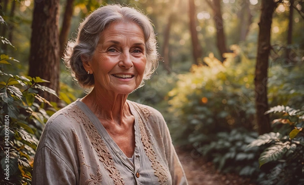 Obraz Woman is smiling in a forest. She is wearing a white shirt and a gray sweater. The forest is lush and green, and the sunlight is shining through the trees. The woman is happy and content in her