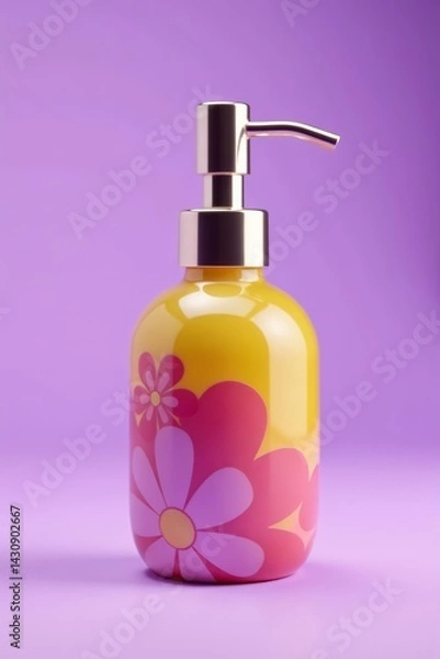 Fototapeta Colorful soap dispenser with unique design on soft purple backdrop, vibrant, bath
