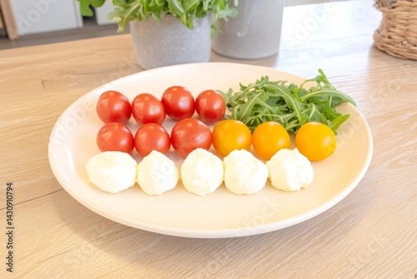 Fototapeta Fresh caprese salad ingredients with red cherry tomatoes, yellow tomatoes, mozzarella, and arugula on plate