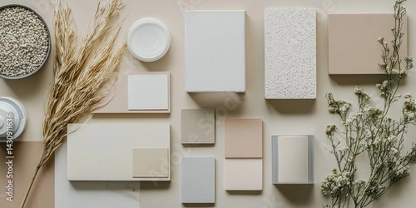 Fototapeta A simple brand identity board showcasing muted color palettes and minimalistic product labels