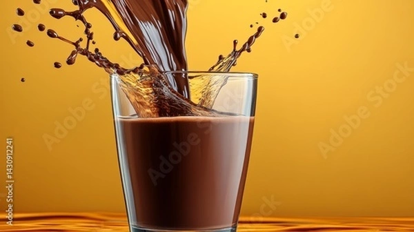 Fototapeta Glass of chocolate milk is poured into a glass, creating a splash. Concept of indulgence and enjoyment, as the chocolate milk is a popular treat for many people