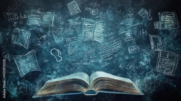 Fototapeta Open Book Surrounded by Mathematical Equations and Scribbled Notes