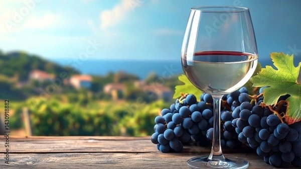Fototapeta Glass of white wine is on a table next to a bunch of grapes. The scene is set in a vineyard, with a view of the ocean in the background