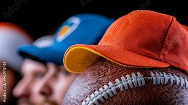 Fototapeta Football is sitting on top of a hat. The hat is orange and yellow. There are other hats in the background