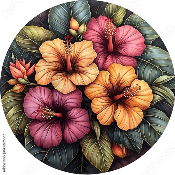 Obraz Tropical hibiscus bloom in circular design high resolution images