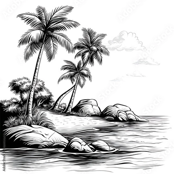 Obraz Tropical island with palm trees pen art silhouette high resolution picture