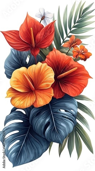 Obraz Tropical red anthurium bouquet with lush foliage high resolution images