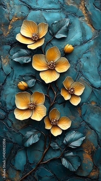 Obraz Turquoise textured backdrop with yellow flowers high resolution picture