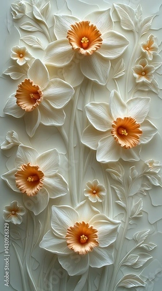 Obraz Vertical embossed daffodils artwork with green stems high resolution picture