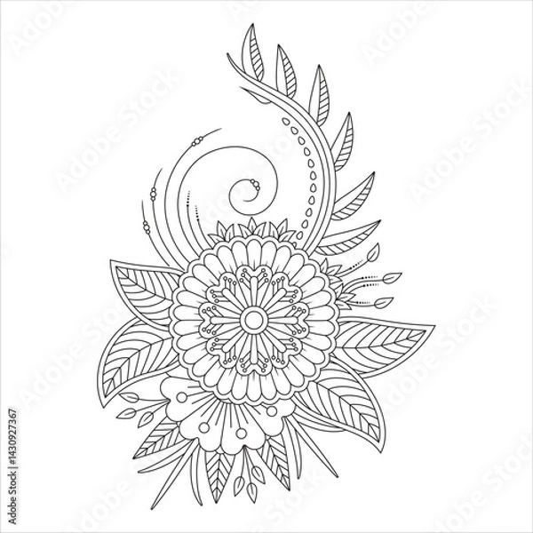 Fototapeta Intricate floral mandala design with leaves and petals in black and white.