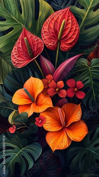 Obraz Vibrant jungle flowers and tropical leaves combination high resolution images