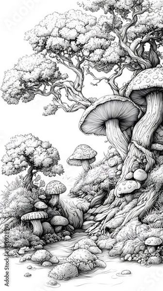 Obraz Whimsical mushroom village fantasy drawing high resolution picture