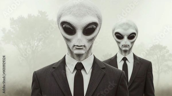 Fototapeta Two extraterrestrial agents in black suits standing in a misty forest