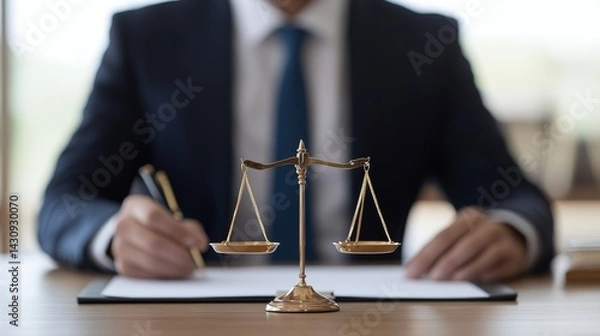 Fototapeta Professional evaluating legal documents with scales of justice nearby