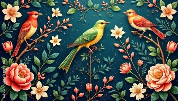 Fototapeta Delicate pattern with intricate birds and flowers, wallpaper, elegant, background