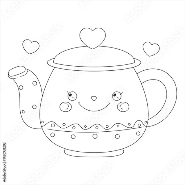 Fototapeta A cute, cartoon-style teapot with a smiling face, decorated with hearts and dots. The teapot has a round body,