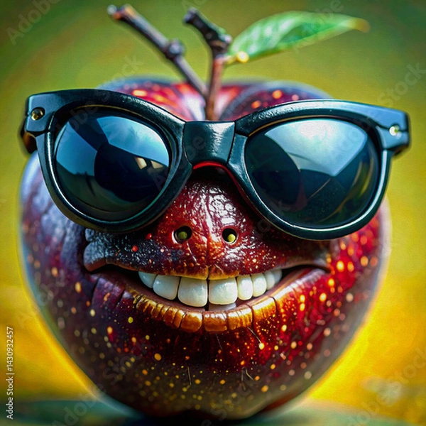 Obraz oil painting style illustrationA big happy apple, wearing big sunglasses, stands against an yellow