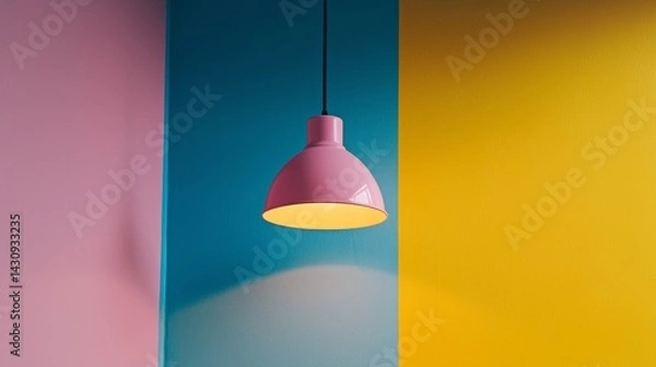 Fototapeta Hanging pink lamp over yellow and blue geometric wall