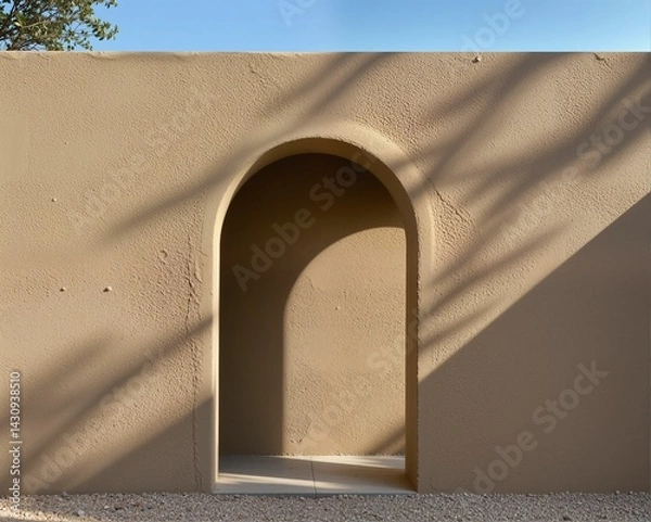 Fototapeta A minimalist archway in a textured beige wall casts soft shadows, creating an inviting entrance that contrasts with the clear blue sky.