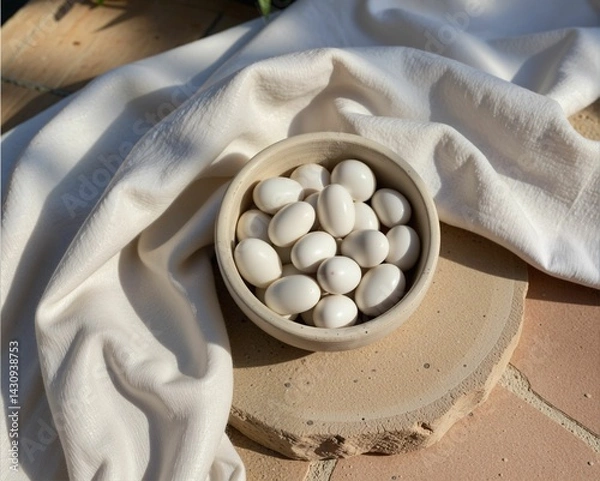Fototapeta A bowl of white eggs rests on a neutral surface, surrounded by soft fabric, creating a serene and minimalist aesthetic.