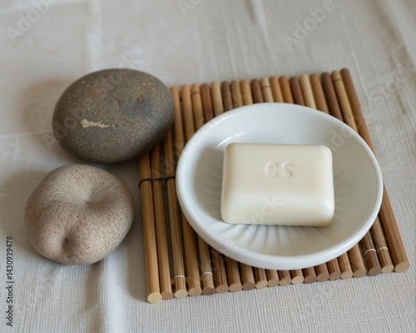 Fototapeta A serene arrangement featuring a bar of soap on a dish, surrounded by smooth stones and bamboo, creating a minimalist and calming aesthetic.