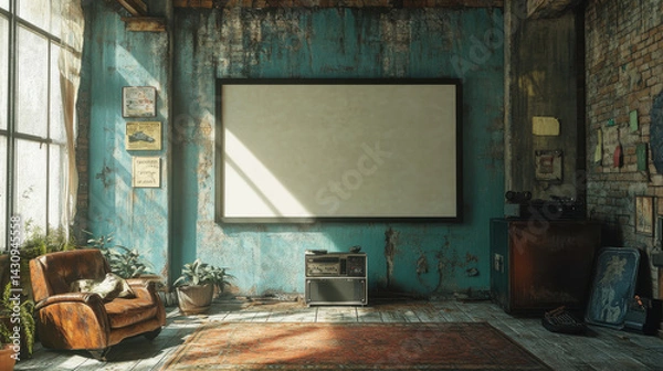 Fototapeta Vintage-Inspired Room With Distressed Blue Walls, Leather Armchair, Blank Screen, and Retro Decor: A Cozy, Nostalgic Space Featuring Rustic and Artistic Elements.